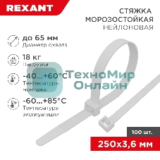 Стяжка нейлоновая морозостойкая Rexant 250x3,6 мм, белая (100 шт/уп)
