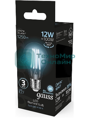 Лампа cветодиодная Gauss Filament А60 12W 1250lm 4100К Е27 LED 1/10/40