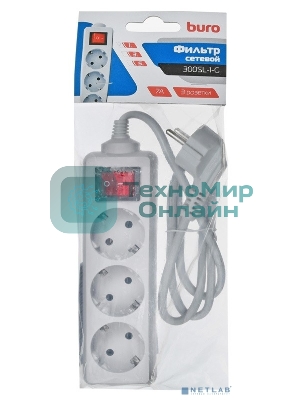 Сетевой фильтр Buro 300SL-1-G 1м, 3 розетки, серый (пакет ПЭ)