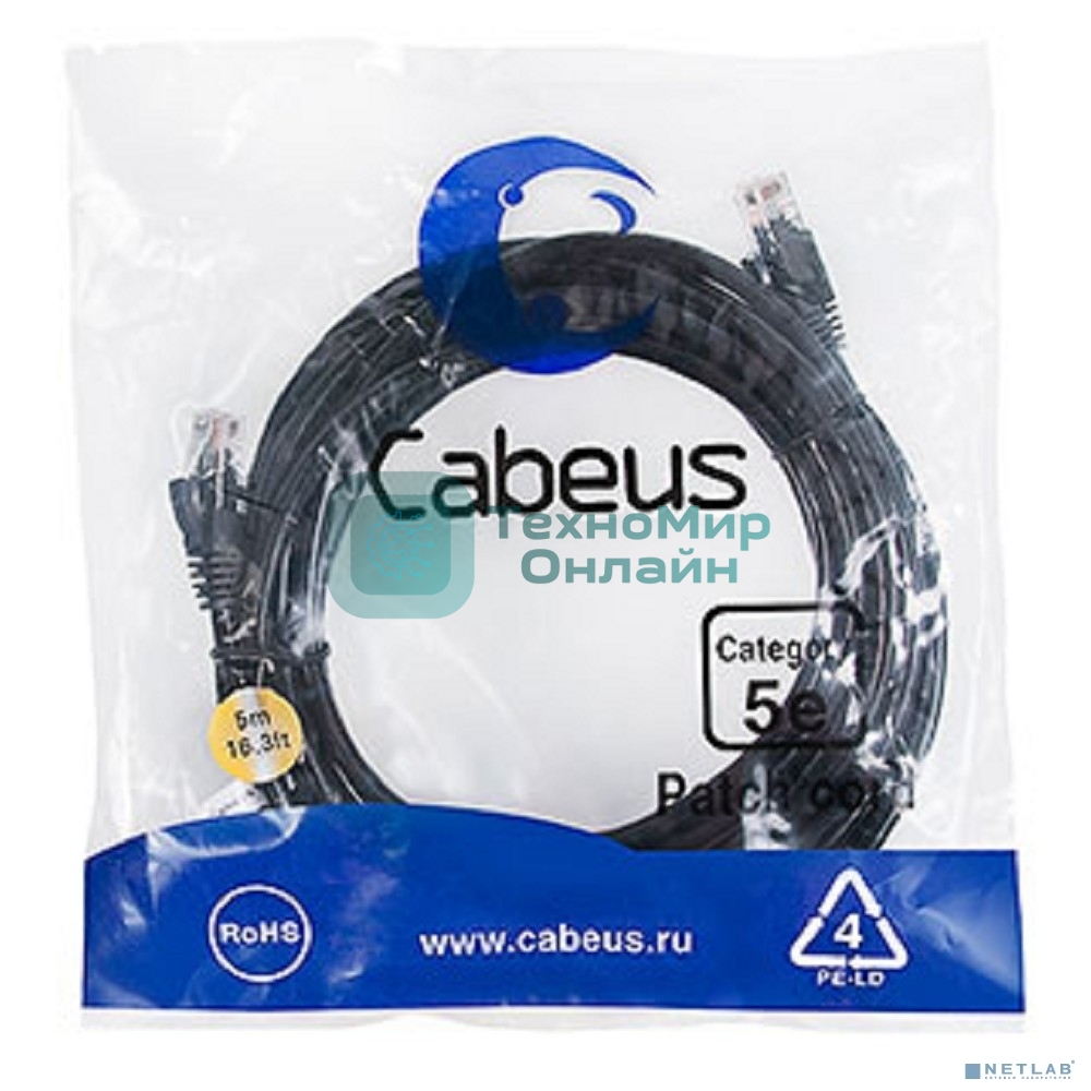 Шнур комм. Cabeus, Cat.5e, неэкр., U/UTP, RJ45/RJ45, PVC, AWG24, 5м, черный