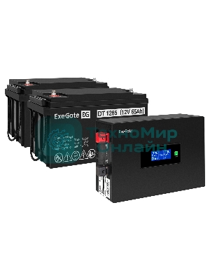 Комплект источника бесперебойного питания Exegate EX295994RUS + батарея 65Aч EX282980RUS 2шт (инвертор, синус, для котла, PF=1, настенный) ExeGate IdealSine SR-1500.LCD.2SH  <1500VA/1500W, чистая синусоида, цветной LCD-дисплей, 2*Schuko, крепление настенное, черный> + батарея ExeGate DT 1265 (12В, 65Ач) 2шт