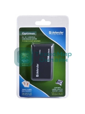Кард-ридер Defender Optimus/черный/CF/MMC/MS/MS Duo/MS Micro M2/MS Pro/MS Pro Duo/RS-MMC/SD/SDHC/micro-SD/mini-SD/miсro-SDHC/USB 2.0 A(M)/черный