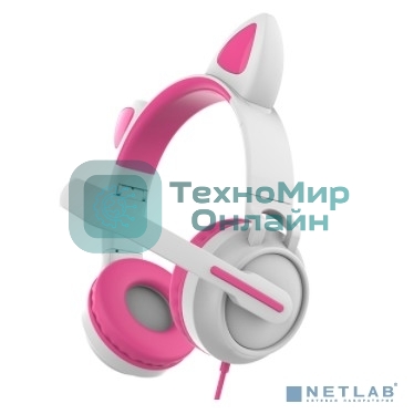 Гарнитура проводная для игр и стриминга с подсветкой, складная, Qumo Game Cat белый/розовый (GHS 0035), подключение 1х3,5 Jack + питание USB