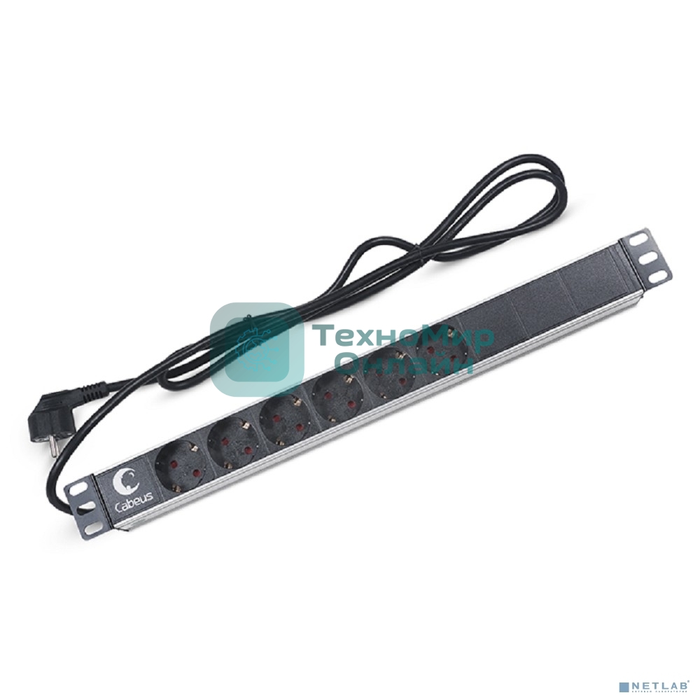 Блок силовых розеток Cabeus, Shuko х 6, вход Schuko, для шкафов, шнур 2 м, 50х490х50 мм (ВхШхГ), 16А, черный