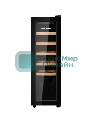 Винный шкаф Kuppersberg RSW 81, отдельностоящий, High-Tech, объем 45 л, вместимость 12 бутылок, диапазон температуры 5-20 градусов, механическое открытие двери, 5 полок из бука, LCD дисплей, уровень шума 38 дБ, черный