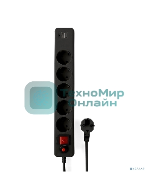 Сетевой фильтр Гарнизон 5 р, 10А, 2xUSB, 1.8 м, ур.защиты 4, черный, пакет
