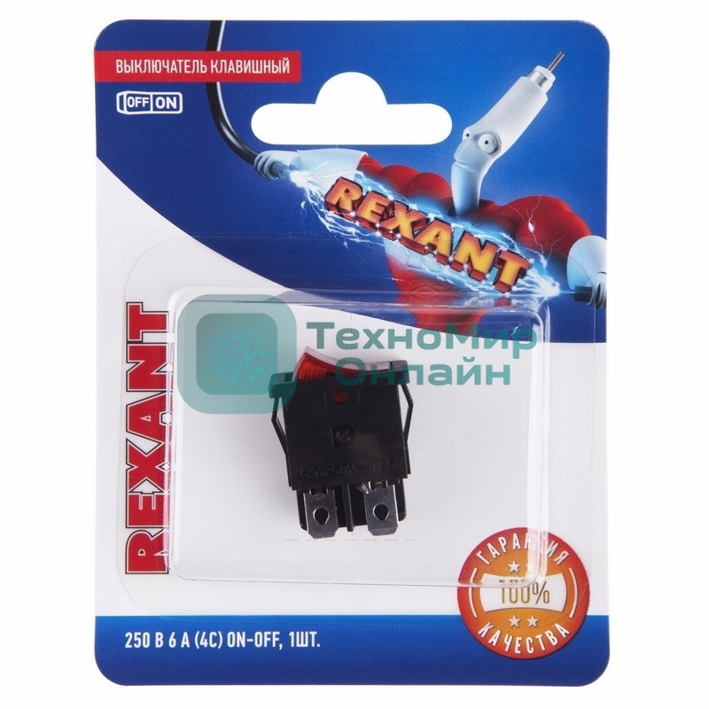 Выключатель клавишный Rexant 250V 6А (4с) ON-OFF красный с подсветкой Mini (RWB-207, SC-768)