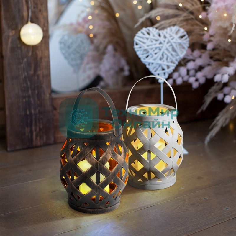 Декоративный фонарь Neon-night со свечкой, плетеный корпус, белый, размер 14х14х16,5 см, цвет теплый белый