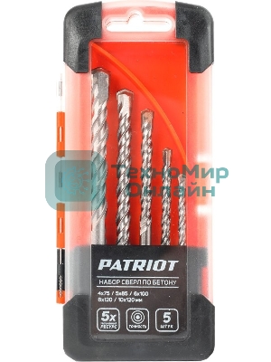 Набор сверл по бетону PATRIOT, 5 шт: 4x75 мм, 5x85мм, 6x100 мм, 8x120 мм, 10x120 мм, в боксе