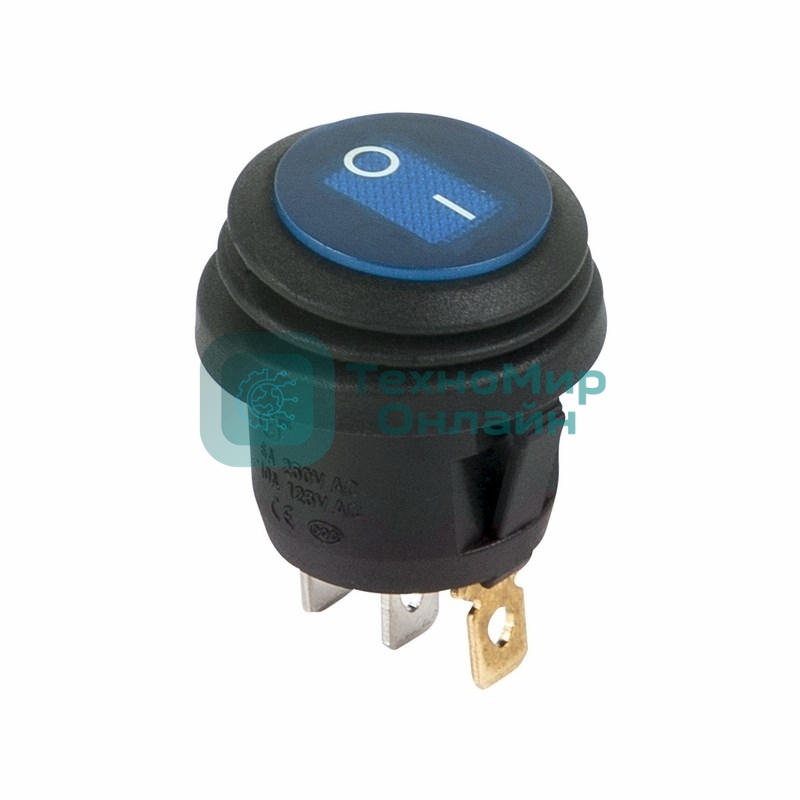 Выключатель клавишный Rexant круглый 250V 6А (3c) ON-OFF синий с подсветкой, влагозащита
