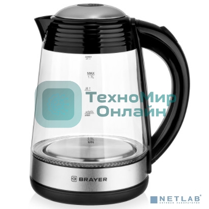 Чайник электрический BRAYER BR1012 2200 Вт, 1.7 л, высококач.стекло, подсвет, автоотключ при закипании