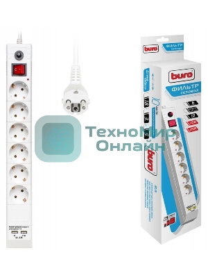Сетевой фильтр Buro BU-SP5 USB 2A-W 5 м, 6 розеток, белый, коробка