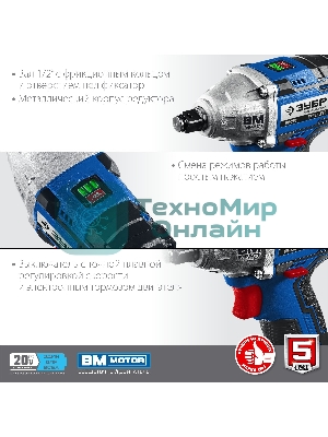 Бесщеточный гайковерт ЗУБР Профессионал GB-250-22, 20В, 2 АКБ (2Ач), в кейсе