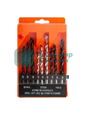 Набор сверл Sparta по бетону 5-6-8 мм, металлу 5-6-8 мм, дереву 5-6-8 мм, 9 шт. цилин. хвостовик