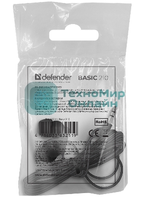 Наушники проводные Defender Basic 210 черный, внутриканальные, Jack 3.5 мм