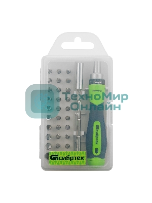 Отвертка реверсивная Сибртех для точных работ с набором бит и торцевых головок, 32 предметов, CrV