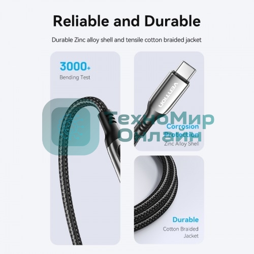 Кабель Vention USB 2.0 CM/CM с LED дисплеем - 1.2м. черный 5А PD100W, шт.