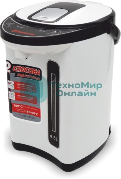 Термопот Sakura SA-314WB Мощность 750Вт. Объем 4,5л. Тип управления: кнопочный. 2 способа подачи воды. Материал колбы и корпуса - нерж. сталь. С функцией кипячения и поддержания температуры на уровне 85-90°С. Двойная защита от перегрева и включения без воды. Цвет черный/белый.