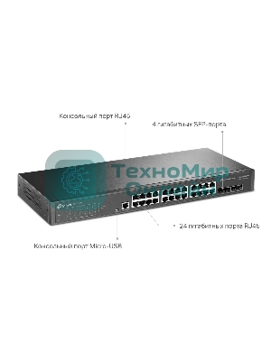 Коммутатор TP-Link JetStream 24-port Gigabit L2/L2+ Managed Switch with 4 SFP slots, support SDN controller, abundant L2/L2+ features, 1U rack mountable, full managed via web UI/CLI/Console/SSH/Telnet/SNMP.