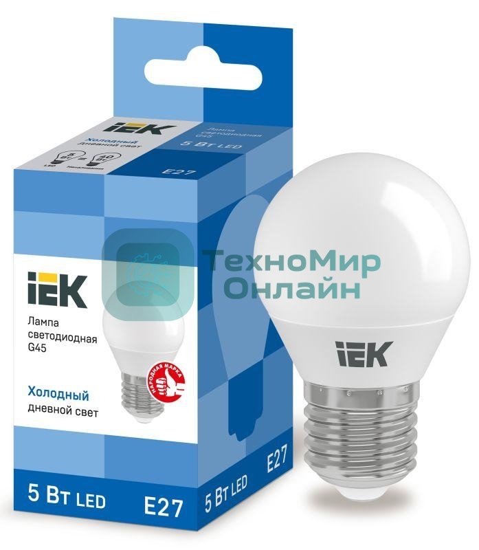 Лампа светодиодная IEK LLE-G45-5-230-65-E27 ECO G45 5Вт шар 230В 6500К E27