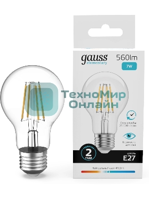 Лампа светодиодная филаментная Gauss Filament 7Вт цок.:E27 груша св.свеч.бел.нейт. (упак.:10шт)