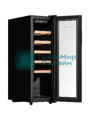 Винный шкаф Kuppersberg RSW 81, отдельностоящий, High-Tech, объем 45 л, вместимость 12 бутылок, диапазон температуры 5-20 градусов, механическое открытие двери, 5 полок из бука, LCD дисплей, уровень шума 38 дБ, черный