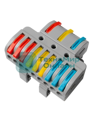 Клемма СМК Rexant 3х3D проходная разветвительная 3 полюса на DIN-рейку (0,08-4 мм²) (1 ввод, 3 вывода на полюс) серый (15 шт/уп)