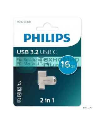 Флешка USB 16Gb PHILIPS 2-in-1 USB 3.2 USB C, OTG, USB 3.2/Type-C, Металл, 100 Mb/s