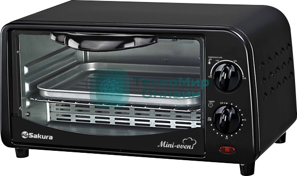 Мини печь Sakura SA-7018B черный, 10 л, мощность 1000 Вт, 2 кварц.нагреват.элемента, регулировка температуры 100-250С, 30-минутный таймер со звонком, световой индикатор работы, противень, решетка
