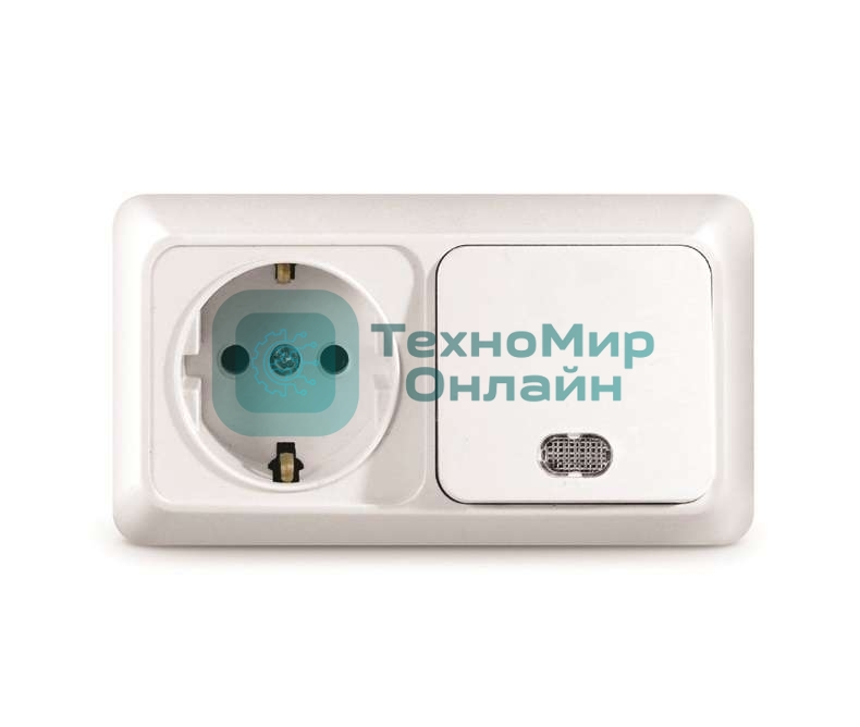 Блок ОП Олимп 1-кл. вык. с подсветкой + роз. с заземл. горизонт. бел. UNIVersal О0036