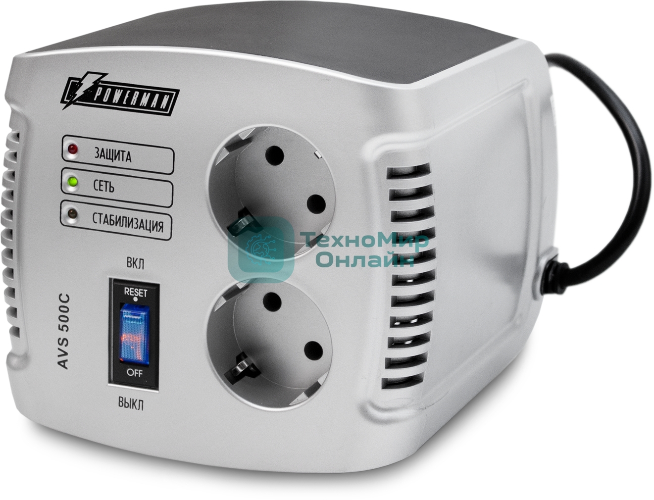 Сетевой фильтр Powerman Стабилизаторы напряжения AVS 500 С Black\Silver (500ВА,5А,КПД 98%,без индикации,настольный)