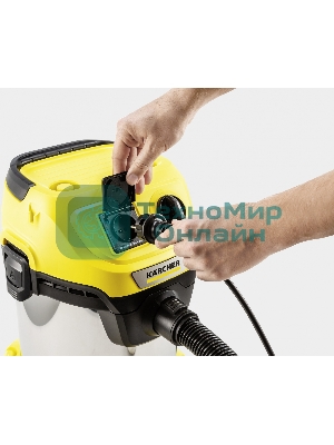 Строительный пылесос Karcher WD 3 P S V-17/4/20 желтый, 1000 Вт, уборка сухая/сбор воды, пылесборник мешок/контейнер, 17 л