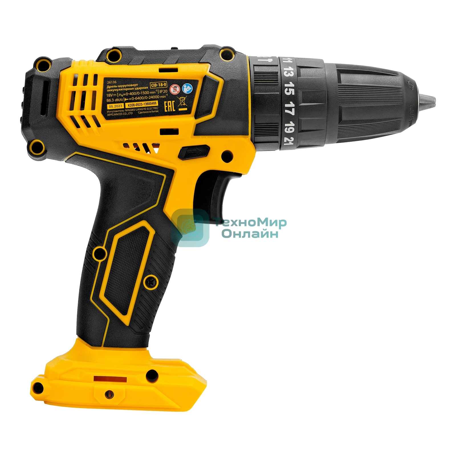 Дрель-шуруповерт Denzel CID-18-0, 18 В, 0 Ач, 30 Нм, щеточный, ударный