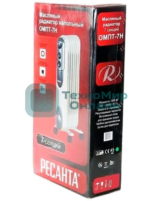 Обогреватель масляный Ресанта ОМПТ-7Н (7 секций) белый, 1500 Вт, 15 м2, термостат 67/3/3