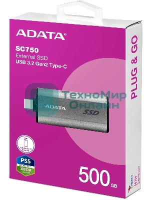 Внешний SSD ADATA SC750, 500Gb, USB 3.2 Gen 2 Type-C, R/W 1050/1000, черный