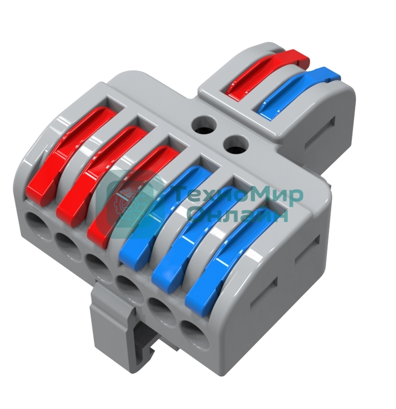 Клемма СМК Rexant 2х3D проходная разветвительная 2 полюса на DIN-рейку (0,08-4 мм²) (1 ввод, 3 вывода на полюс) серый (25 шт/уп)