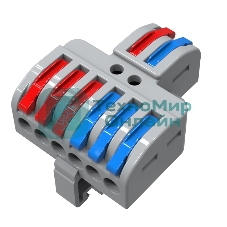 Клемма СМК Rexant 2х3D проходная разветвительная 2 полюса на DIN-рейку (0,08-4 мм²) (1 ввод, 3 вывода на полюс) серый (25 шт/уп)