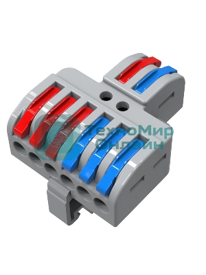 Клемма СМК Rexant 2х3D проходная разветвительная 2 полюса на DIN-рейку (0,08-4 мм²) (1 ввод, 3 вывода на полюс) серый (25 шт/уп)