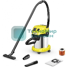 Строительный пылесос Karcher WD 3 P S V-17/4/20 желтый, 1000 Вт, уборка сухая/сбор воды, пылесборник мешок/контейнер, 17 л