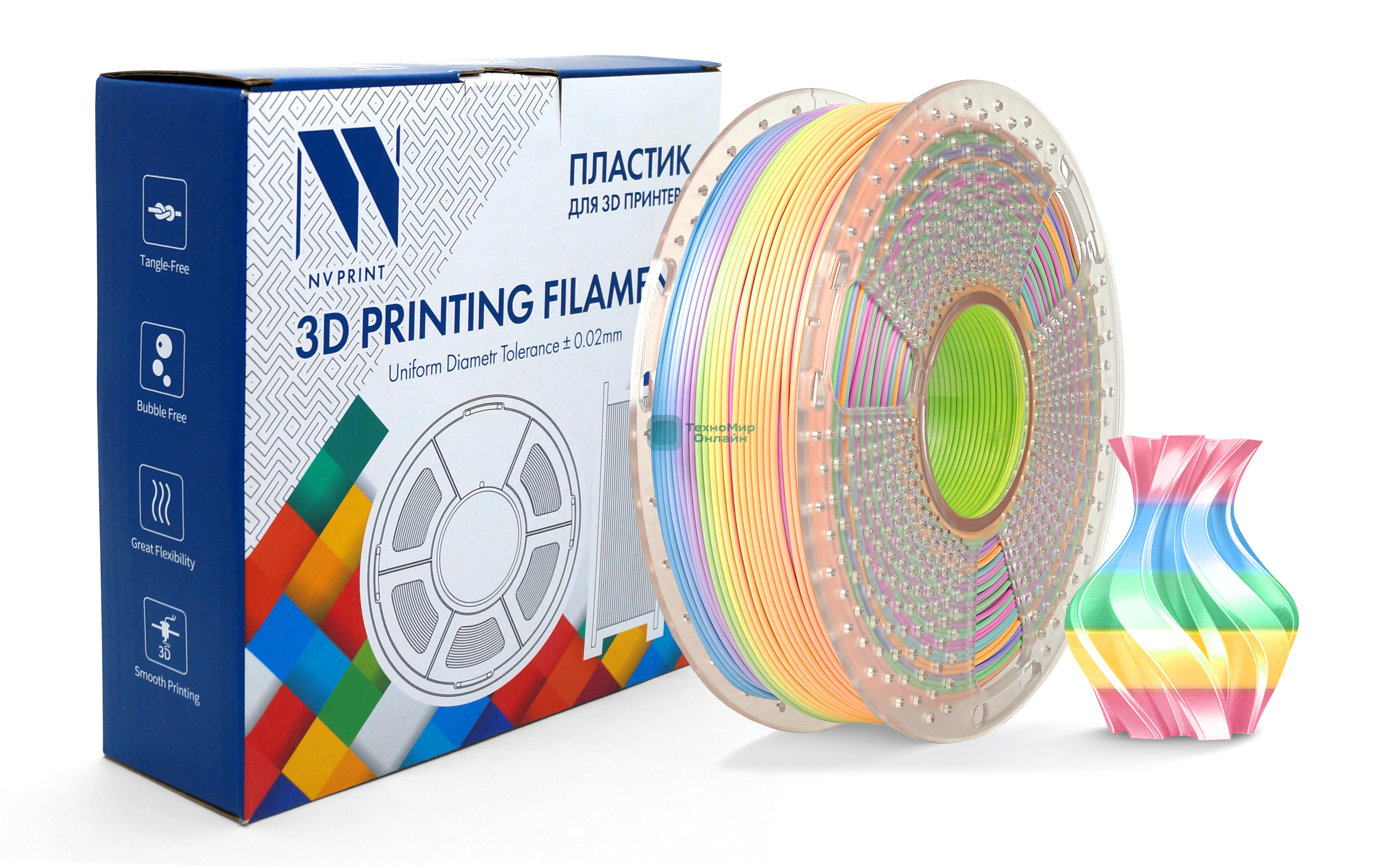 Филамент NVPrint Silk PLA+ Rainbow 04 для 3D печати диаметр 1.75мм длина 330 метров масса 1 кг