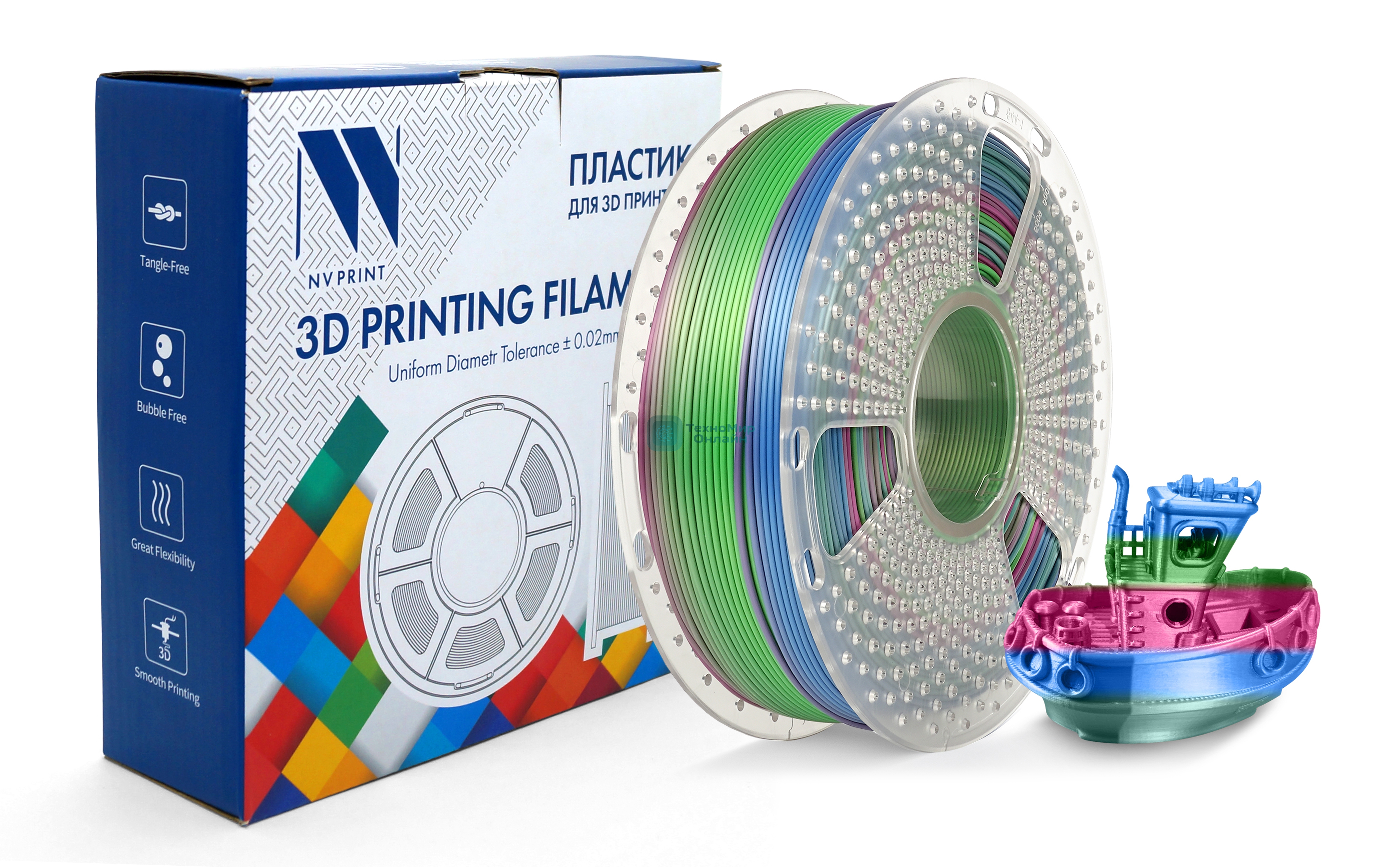 Филамент NVPrint Silk PLA+ Rainbow 06 для 3D печати диаметр 1.75мм длина 330 метров масса 1 кг