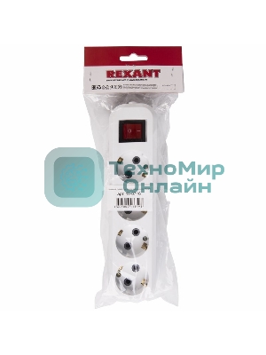 Колодка 4 гнезда Rexant с кнопкой c заземлением