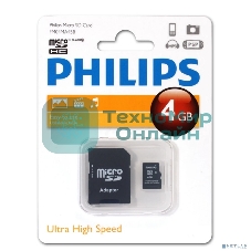 Флеш карта microSD 4Gb PHILIPS microSDHC Class 10 (SD адаптер)