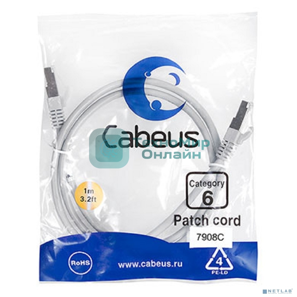 Шнур комм. Cabeus, cat.6, экр., F/UTP, RJ45/RJ45, LSZH, AWG24, 1м, серый