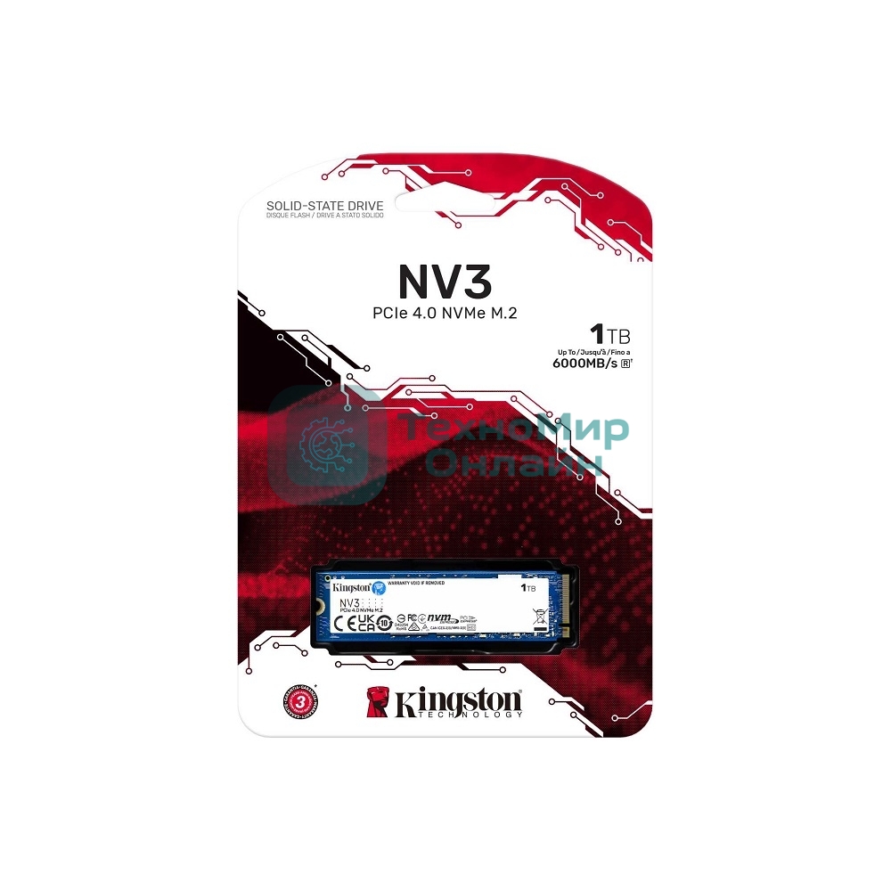 Накопитель SSD Kingston NV3, 1Tb, M.2 2280, NVMe, PCIe 4.0, R/W 6000/4000