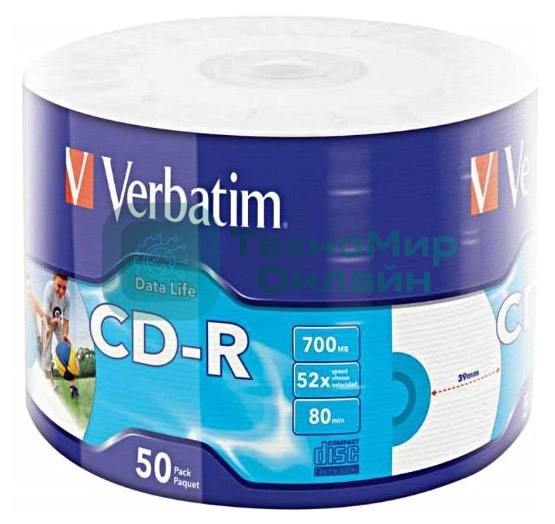 Диск CD-R Verbatim 80min, 700mb, 52x Shrink/50 Ink Print 43794