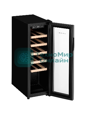 Винный шкаф Kuppersberg RSW 81, отдельностоящий, High-Tech, объем 45 л, вместимость 12 бутылок, диапазон температуры 5-20 градусов, механическое открытие двери, 5 полок из бука, LCD дисплей, уровень шума 38 дБ, черный