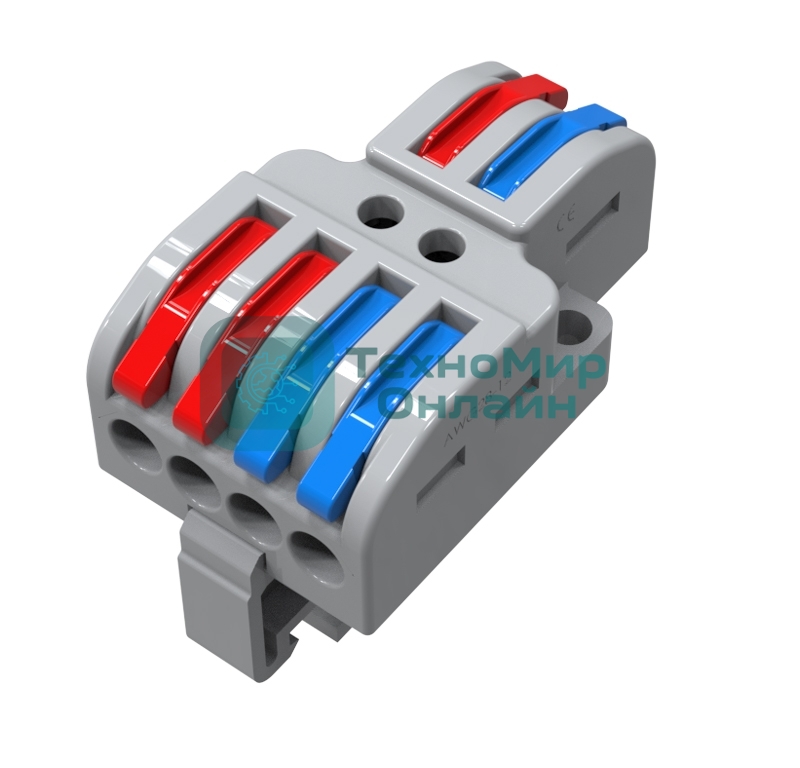Клемма СМК Rexant 2х2D проходная разветвительная 2 полюса на DIN-рейку (0,08-4 мм²) (1 ввод, 2 вывода на полюс) серый (25 шт/уп)