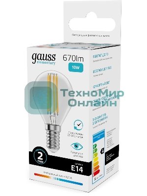Лампа светодиодная филаментная Gauss Filament 10Вт цок.: E14 шар св. свеч. бел. нейт. (упак.: 10 шт)