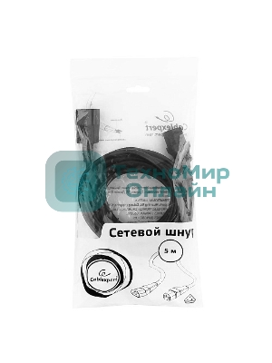 Кабель питания сист.блок-монитор Cablexpert PC-189-VDE-5M, 5м, C13-C14, VDE, 10А, Сечение провода: 0,75 мм2, черный, с заземлением